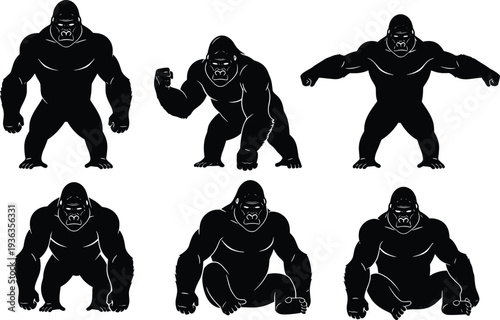 Black gorilla silhouette set featuring massive silverback primates in various powerful poses including standing, crouching, beating chest, and sitting isolated on a white background
