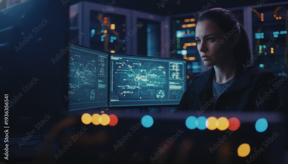 Fototapeta premium Cybersecurity Analyst Monitoring Digital Network Security in Server Room