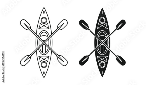 Vector illustration of two kayaks with paddles in black and white