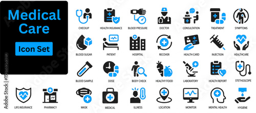 Medical Care solid icon set. Medicine and Health Care icon collection. Containing emergency, doctor, treatment, medical, report, diagnosis, health, prevention. Solid icon set. 