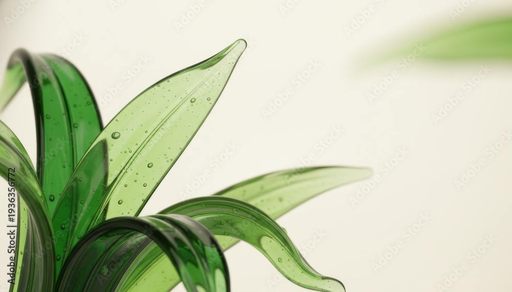 Obraz premium Green glass plant leaves with bubbles on white background