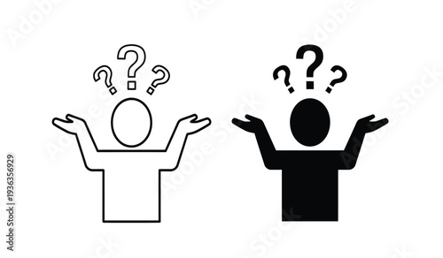 Two stick figures with question marks above their heads in black and white