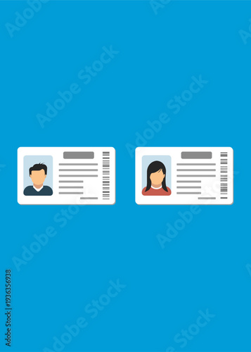 Two flat style identification cards featuring generic male and female profile avatars with barcode and text fields on a blue background.