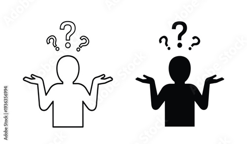 Confused people icons with question marks thinking about problems or solutions in black and white