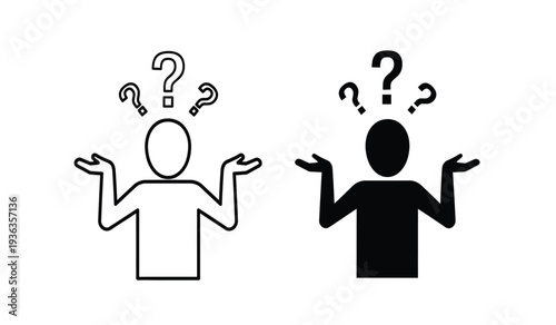 Confused people with question marks thinking and shrugging in black and white