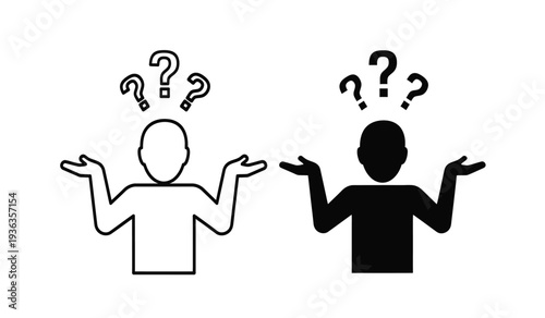 Confused people with question marks thinking about a problem or question in a simple line art style