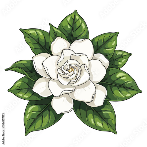 Elegant White Camellia Flower with Green Leaves for Botanical and Floral Designs