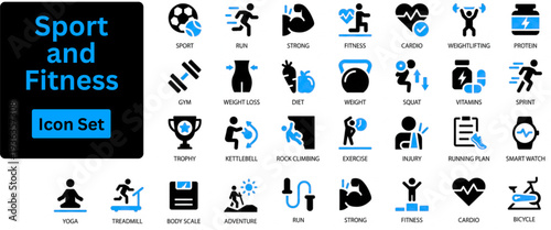 Sport and Fitness solid icon set. sport icons for fitness and gym workouts, including running, weightlifting, yoga, cycling, stretching, and various exercise equipment symbols. Solid icon set. 