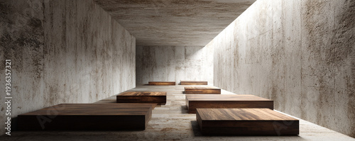 Minimalist passageway, textured concrete walls, floating wood step platforms 32k ultra HD