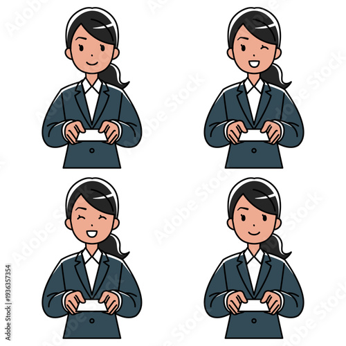 笑顔で名刺を差し出すスーツの東南アジア系女性のイラスト