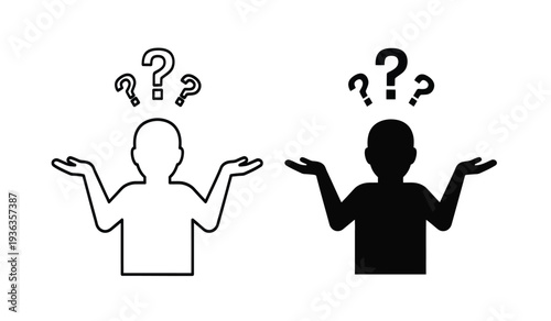 Confused people with question marks thinking and shrugging in black and white
