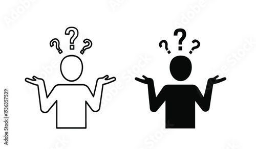 Confused people with question marks thinking and shrugging in black and white