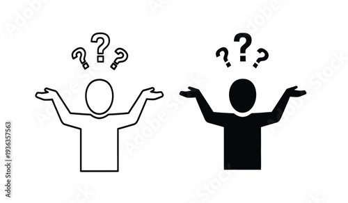 Confused people with question marks thinking about a problem or solution in a simple black and white illustration style