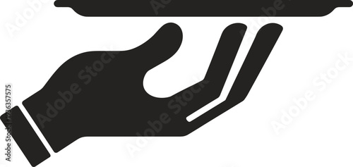 Waiter hand holding serving tray silhouette, hospitality service icon, restaurant catering symbol, professional waiter gesture illustration, food service concept