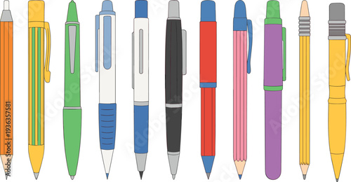 Flat colorful pens and pencils collection vector illustration set isolated on white background school and office stationery supplies