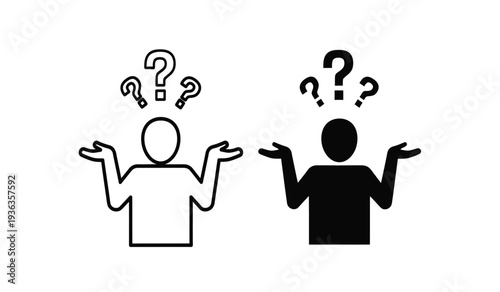Confused people with question marks thinking and shrugging in black and white