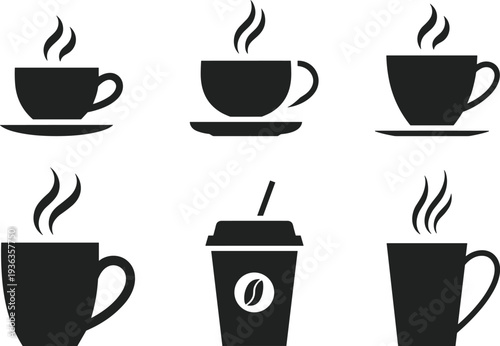 Coffee cup silhouettes set, hot coffee mugs and takeaway cup icons, cafe beverage collection, steaming drink illustration, coffee shop symbol
