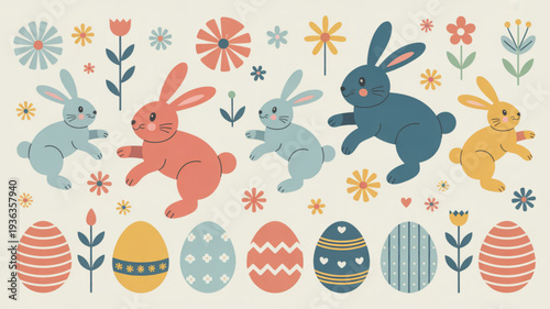 Colorful easter bunnies and eggs in a spring floral pattern on cream background for holiday decoration