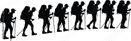 Black Hiker Silhouette Vector Set Featuring A Backpacker In Walking Motion Sequence With Trekking Poles For Outdoor Adventure Travel Hiking And Mountaineering Design Projects