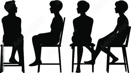 Woman sitting on chair silhouettes set, female seated poses collection, elegant lady posture illustration, minimal people silhouette design