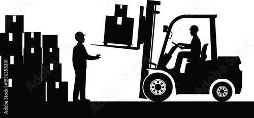 Forklift operator lifting cargo boxes in warehouse with worker, logistics and material handling concept vector silhouette illustration isolated on white background