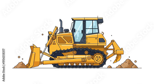 Yellow bulldozer with tracks and blade on white background, construction vehicle