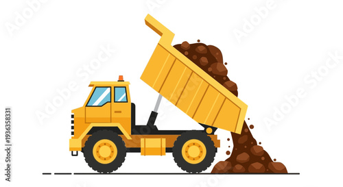 Yellow dump truck unloading soil on a white background, construction vehicle