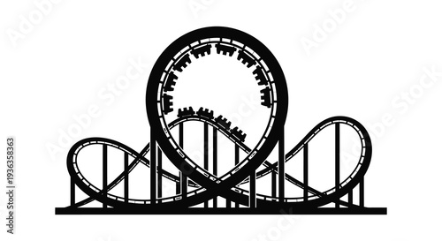 A black and white illustration depicts a looping roller coaster design showcasing its dramatic curves and structure silhouette