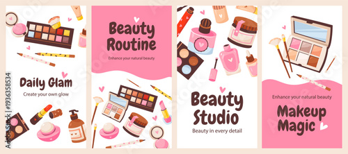 Beauty and Makeup Poster Set for Cosmetics Theme. Feminine cosmetic banner designed for social media marketing and salon promotion. Glamour skincare routine concept.
