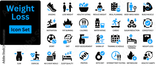 Weight Loss solid icon set. Weight loss icon set featuring fitness,loss, weight, scale, stomach, waist, wellness, abdomen, ,health, and nutrition symbols for apps, websites. Solid icon set. 