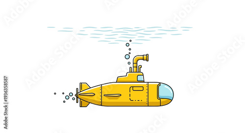 Yellow Submarine Underwater with Bubbles and Waves