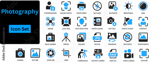 Photography solid icon set. Photography icon set. Camera, photographer, video, photo and more. Photography studio. Vector illustration. Solid icon set. 