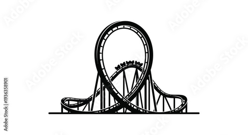 A detailed black and white illustration of a looping rollercoaster track showcasing its intricate design silhouette high quality