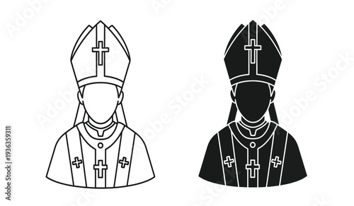 Two different colored illustrations of a bishop wearing a mitre and robe with a cross on it