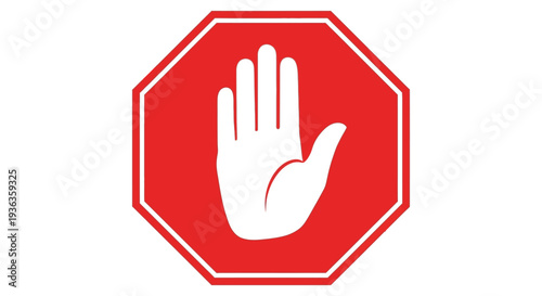 A bright red octagonal stop sign displays a white hand signaling halt a striking silhouette high quality professional
