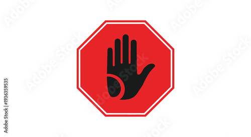 A striking red octagonal stop sign prominently displays a black hand silhouette symbolizing restriction and control high quality