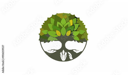 Abstract circle tree logo with roots symbol of life and wellness flat vector EPS10 isolated on white