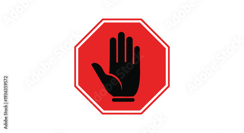 A vibrant red octagonal stop sign displays a black hand gesture indicating a firm halt silhouette high quality