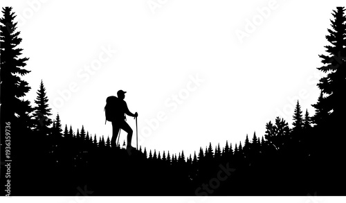 Mountain hiker silhouette vector adventure hiking in forest and mountains wilderness nature scene isolated on white background