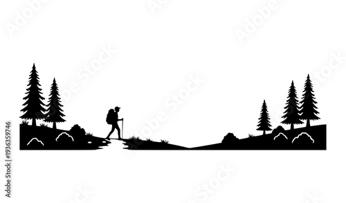 Adventure hiking silhouette vector backpacker walking in forest mountains wilderness camping scene isolated on white background