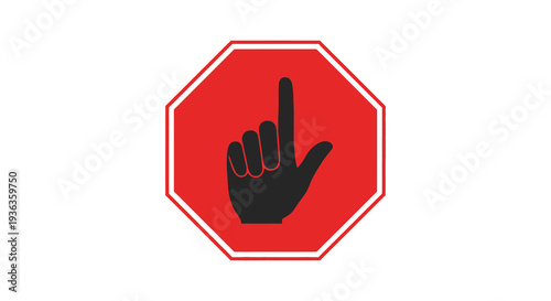 A striking red octagonal stop sign features a black hand gesture emphatically pointing downwards silhouette high quality
