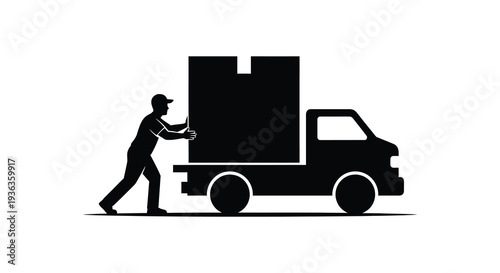 A delivery worker pushes a cardboard box alongside a van depicted in black silhouette high quality professional detailed