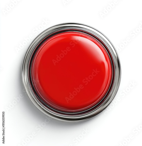 A glossy, round, red button with a metallic silver border, casting a shadow on white