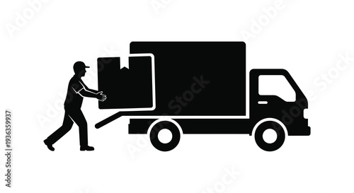 A delivery worker pushes a large cardboard box towards a van depicted in stark silhouette high quality professional