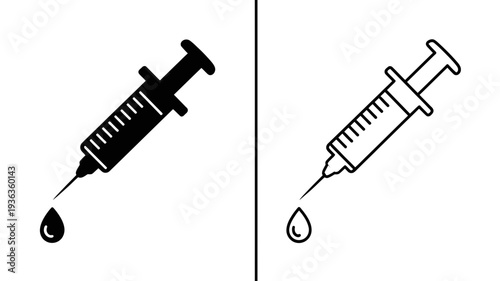 A minimalist black and white icon illustrates a syringe with a visible drop of liquid at its needle tip.
