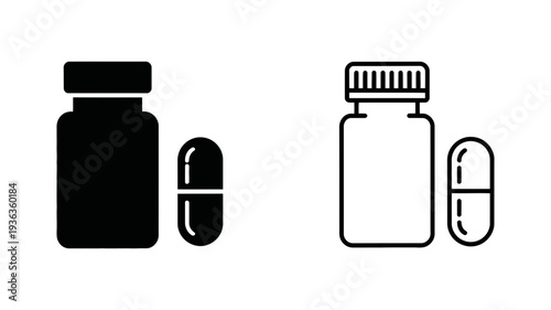 A clear representation of a prescription pill bottle alongside a single capsule, shown in both solid black and outline forms.