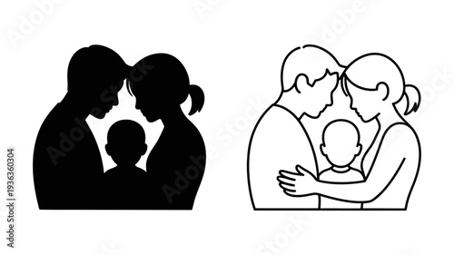 A touching illustration of parents lovingly embracing their child, with foreheads touching, showing deep affection.