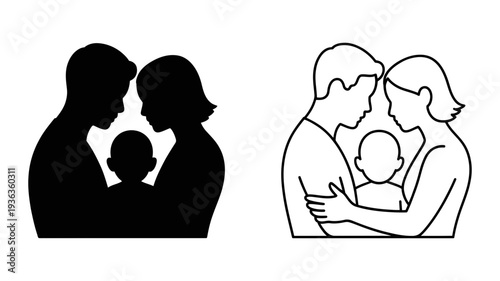 A loving depiction of parents embracing their small child, signifying family connection and deep affection.