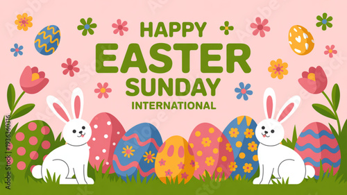 Easter sunday international celebration with colorful eggs and bunnies on grass with flowers