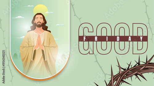 Good Friday Banner Design with Jesus Christ Praying and Crown of Thorns Christian Background